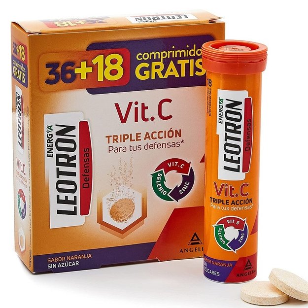 Leotron Vitamina C - 36 + 18 Comprimidos Efervescentes - Triple AcciĆĀ³n Para Tus Defensas - Complemento Alimenticio Con Vitamina C