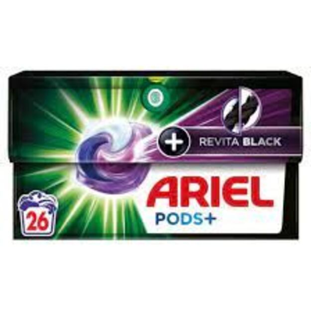 Ariel All in1 Pods Revitablack skalbiklis   juodiems ir tamsiems rūbams 26 kaps.